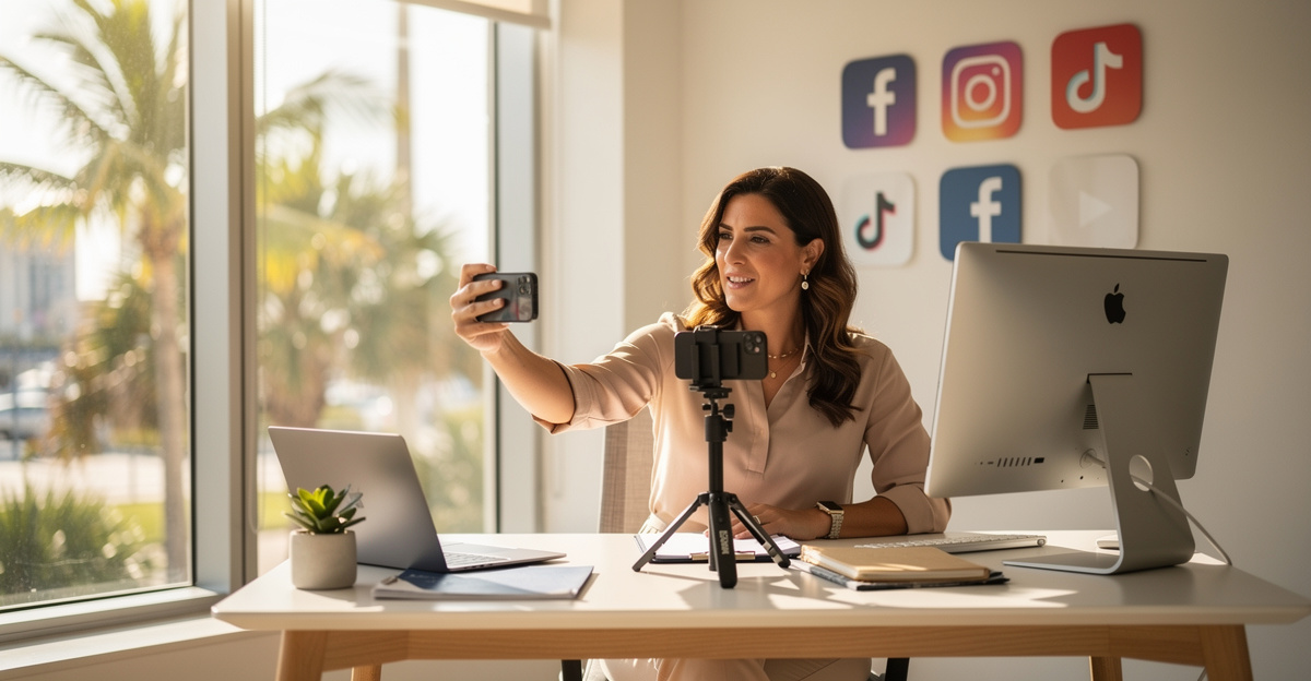 Small business owner filming social media content