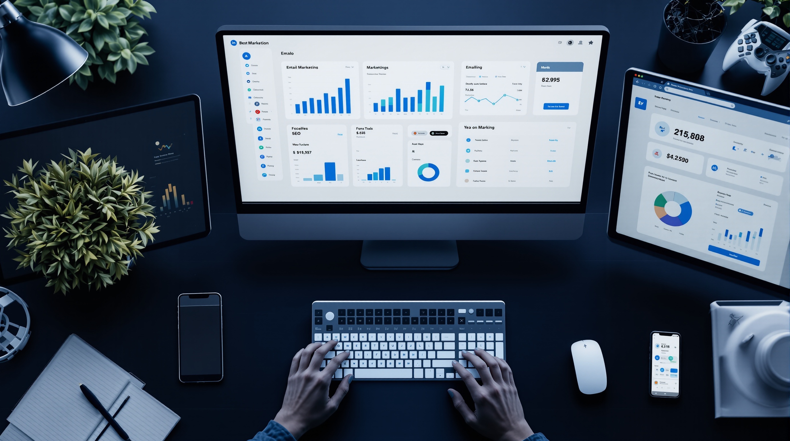 Marketing analytics dashboards on multiple screens in a modern workspace