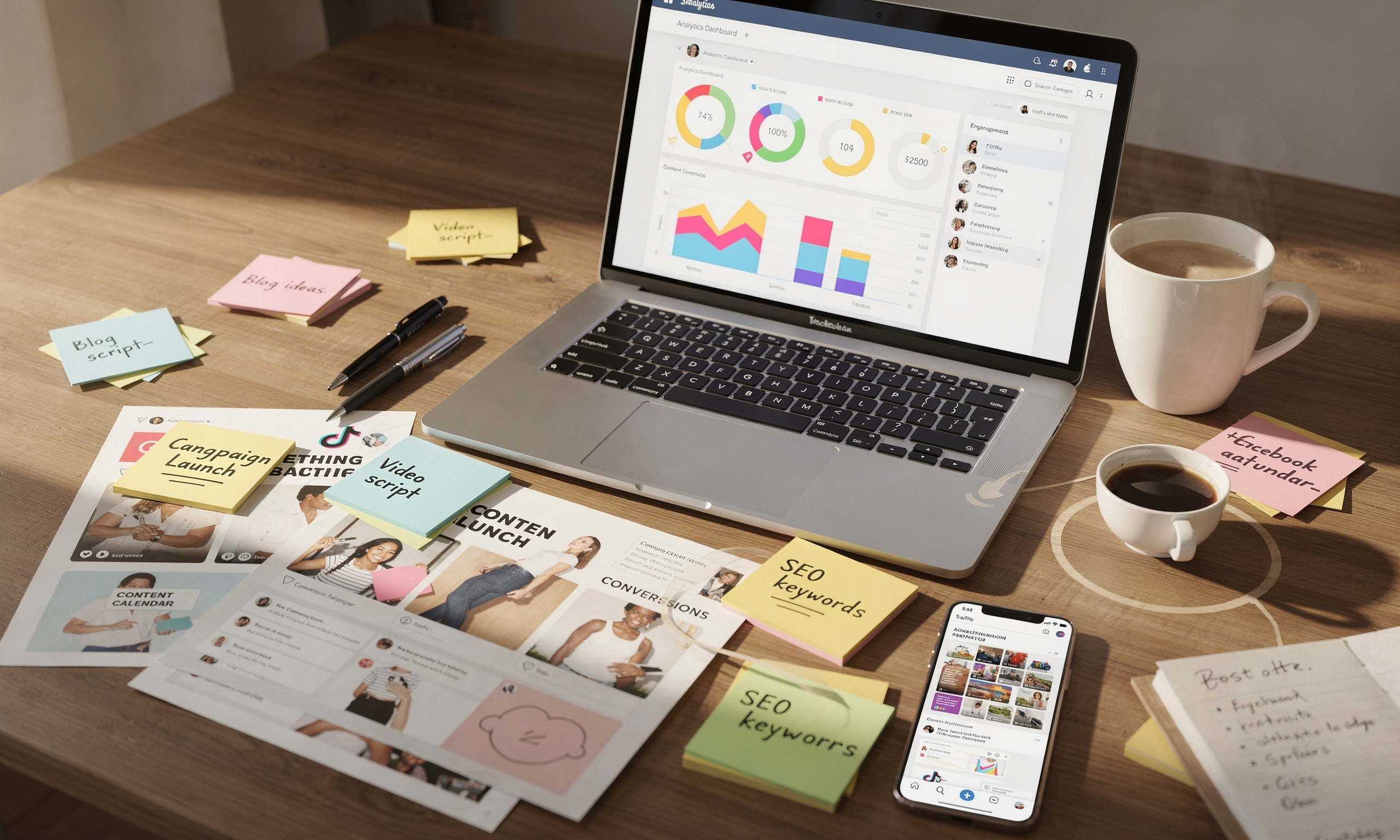 Content marketing strategy workspace with laptop and planning materials