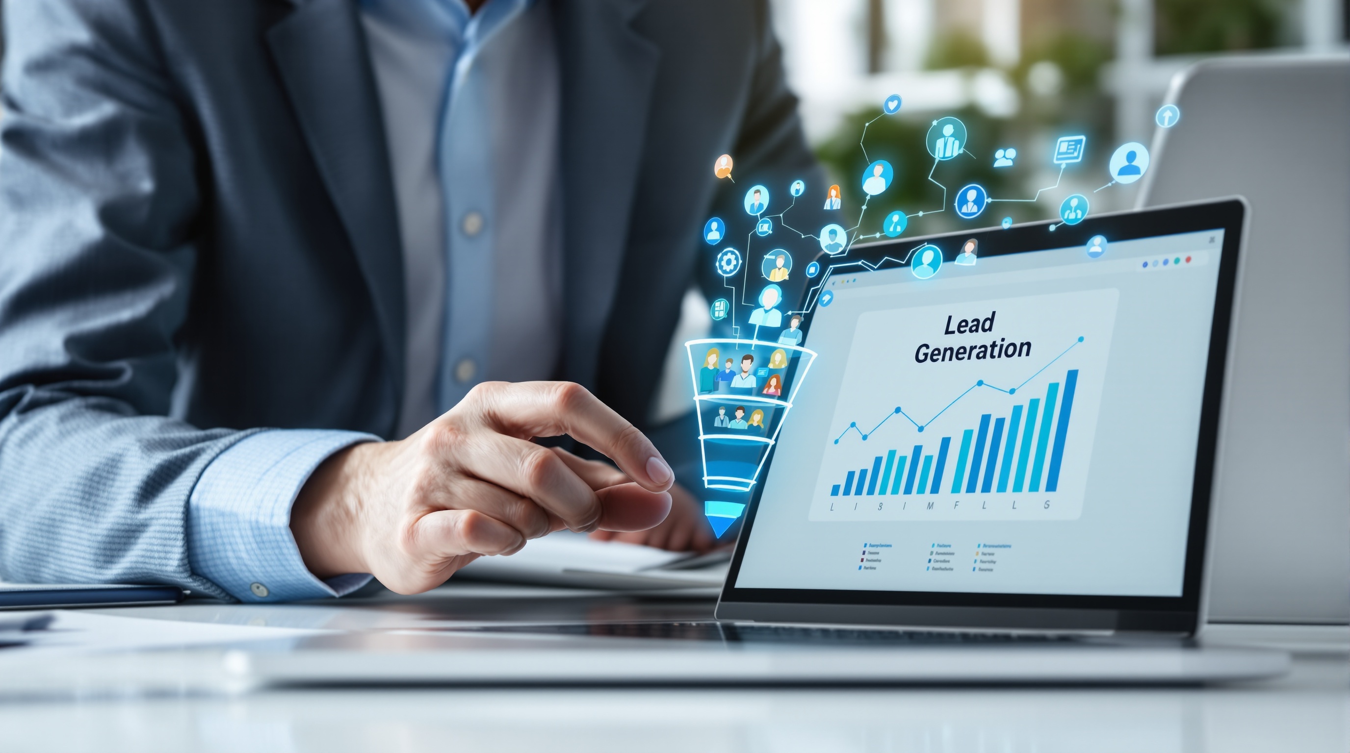 Business professional reviewing lead generation pipeline dashboard