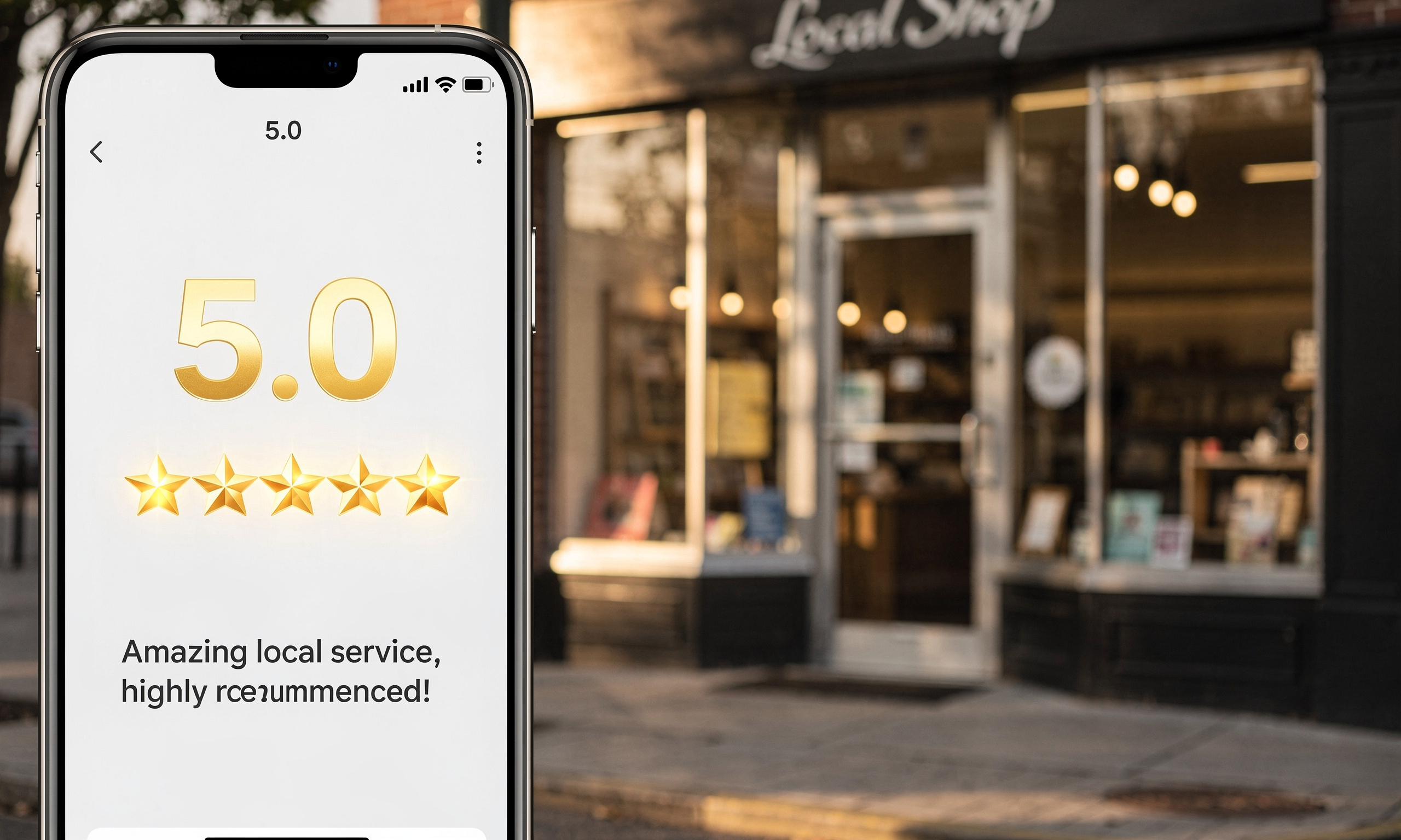 Smartphone showing five-star Google review next to a small business storefront