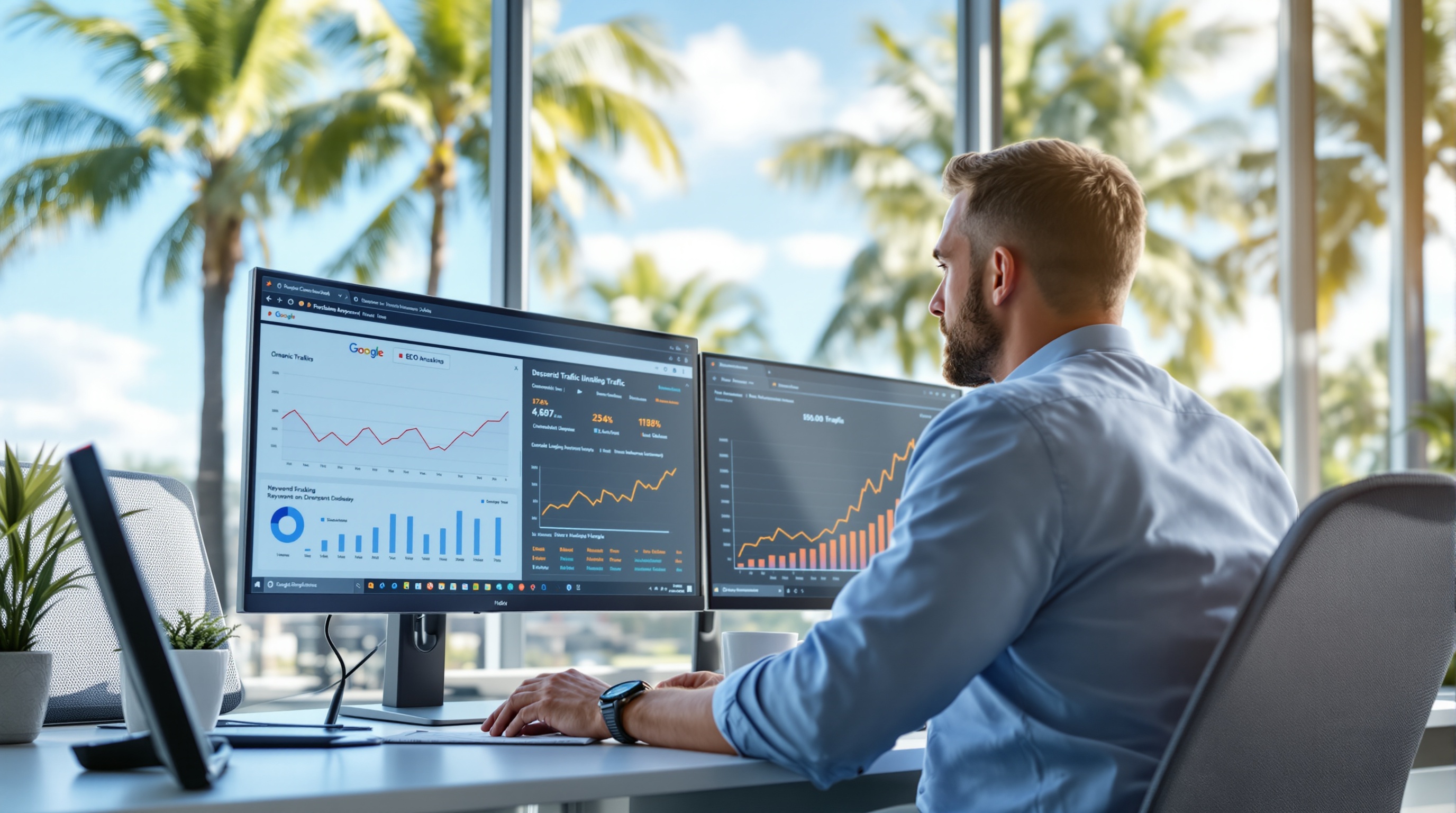 SEO services for small businesses — professional reviewing search rankings and organic traffic analytics