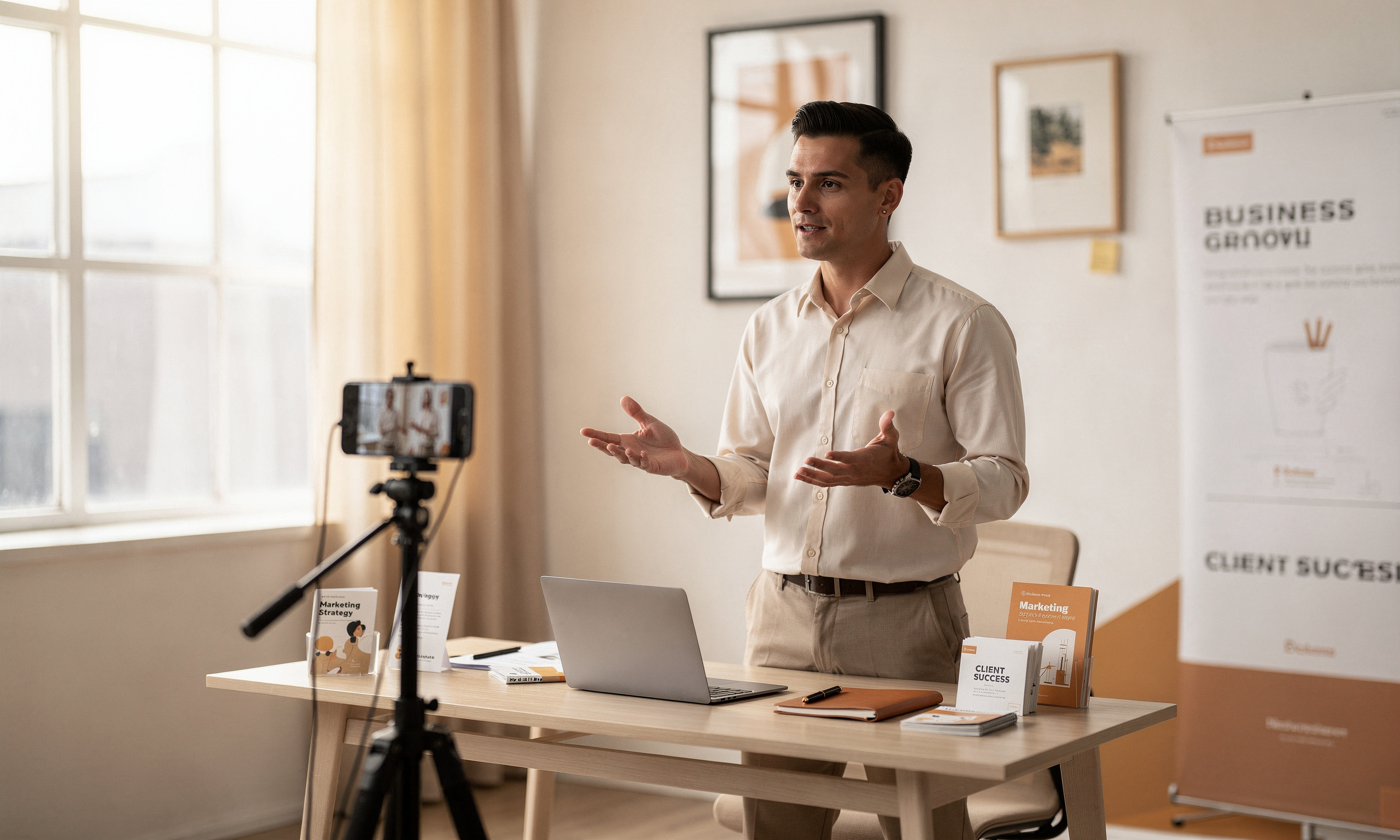 Business owner filming short-form video content on smartphone