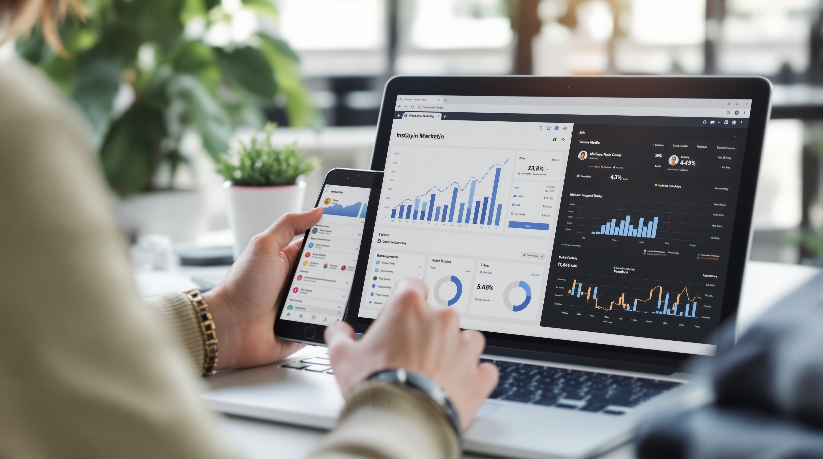 Business owner managing social media marketing accounts